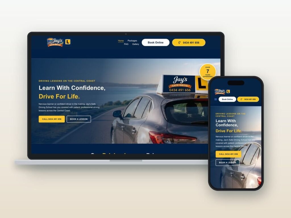 Jay's Safe Driving School website shown on a laptop and phone