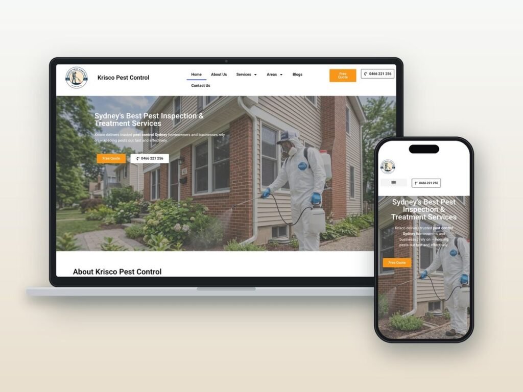 Krisco Pest Control website shown on a laptop and phone